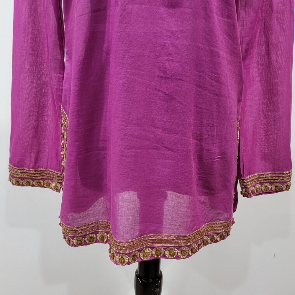 Tory Burch Magenta Sheer Gold Embroidered Beaded Button Trim Tunic Small Artsy - Picture 3 of 12